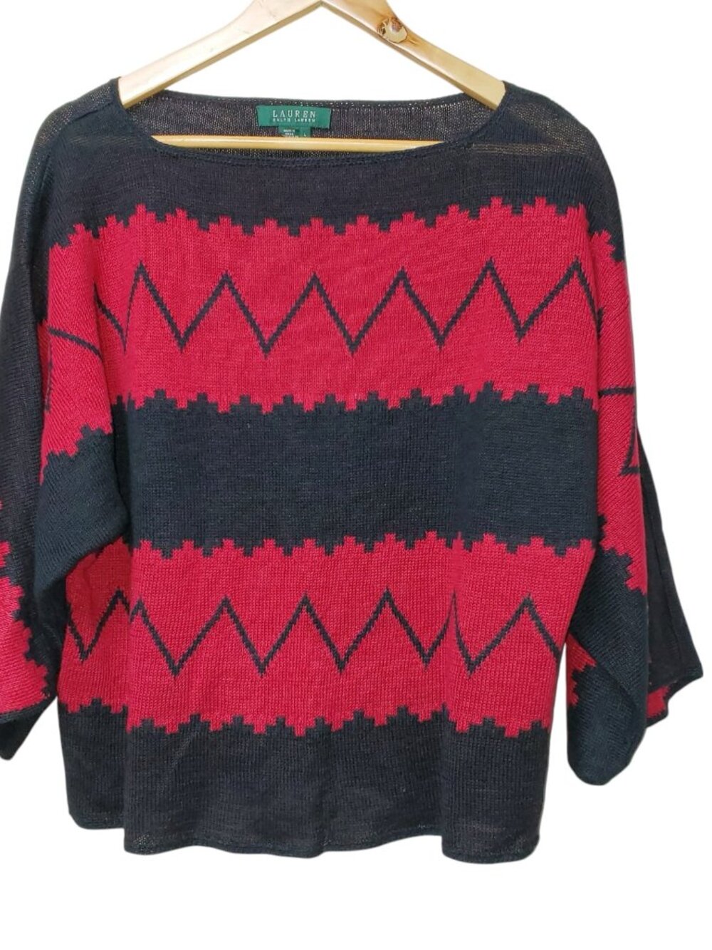 Vintage Lauren Ralph Lauren Women's Red Black Southwest Print 100% Linen, Size L